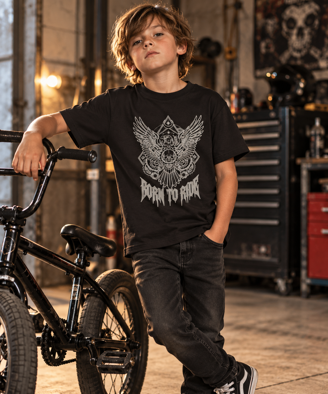 Kind trägt schwarzes Born to Ride T-Shirt mit silbergrauem Adler-Print neben einem BMX