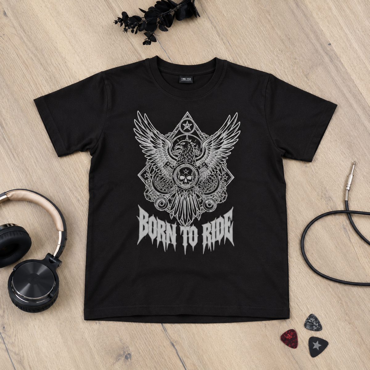 Schwarzes Kinder-T-Shirt Born to Ride flach liegend mit Adler, Totenkopf und Zahnrädern