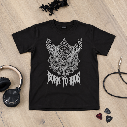 Schwarzes Kinder-T-Shirt Born to Ride flach liegend mit Adler, Totenkopf und Zahnrädern