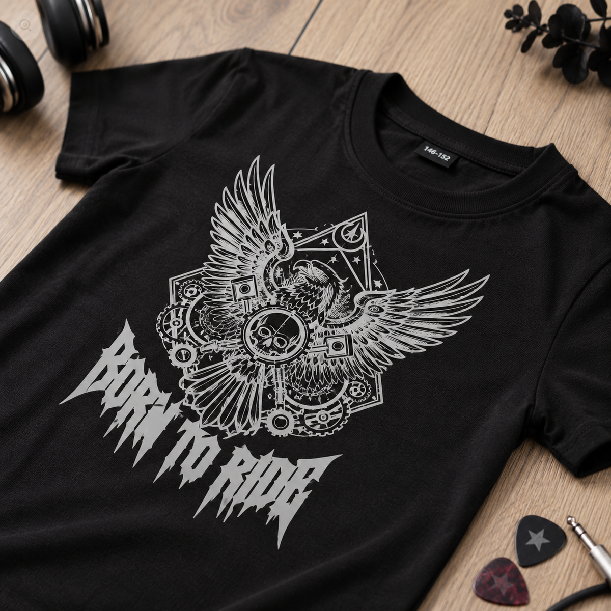 Nahaufnahme des Born to Ride Prints und Rundhalsausschnitts